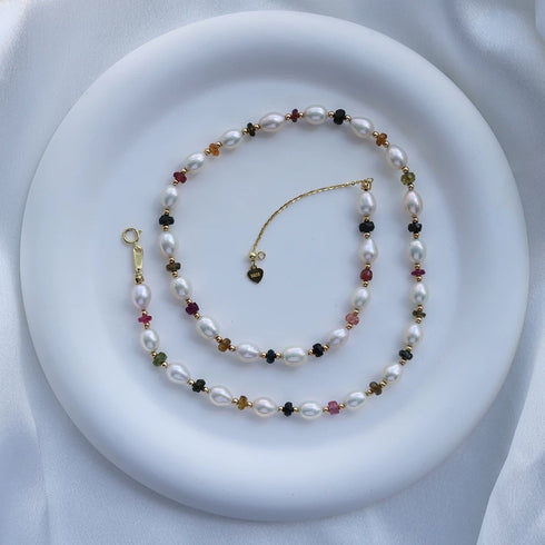 Colorful Gemstones Rice Pearls Beaded Necklace - Bohemian Romantic Chic